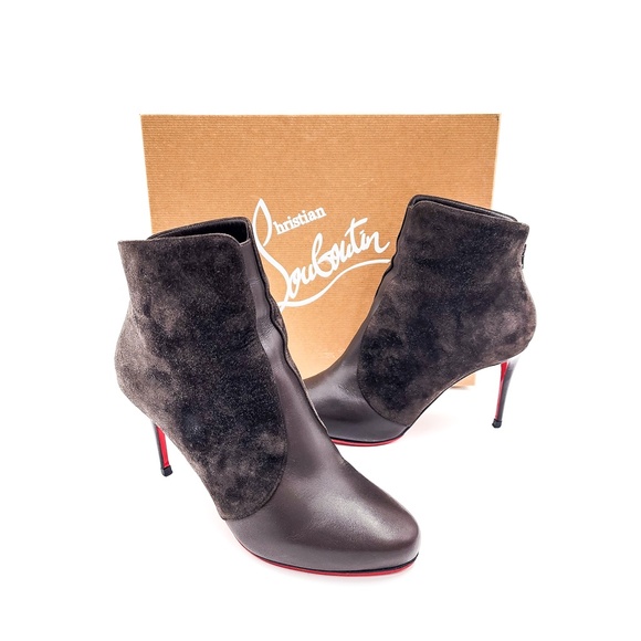 Christian Louboutin Gaetanina 85 Dark Brown Leather Suede Heeled Zip Boots EU 37 - Picture 2 of 11